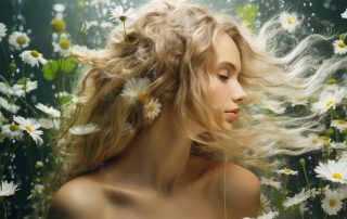 sustainable and cruelty-free products nourish and revitalize your hair and scalp, leaving you with healthy, radiant locks. Nature's beauty of hair adorned with ferns and daisies.